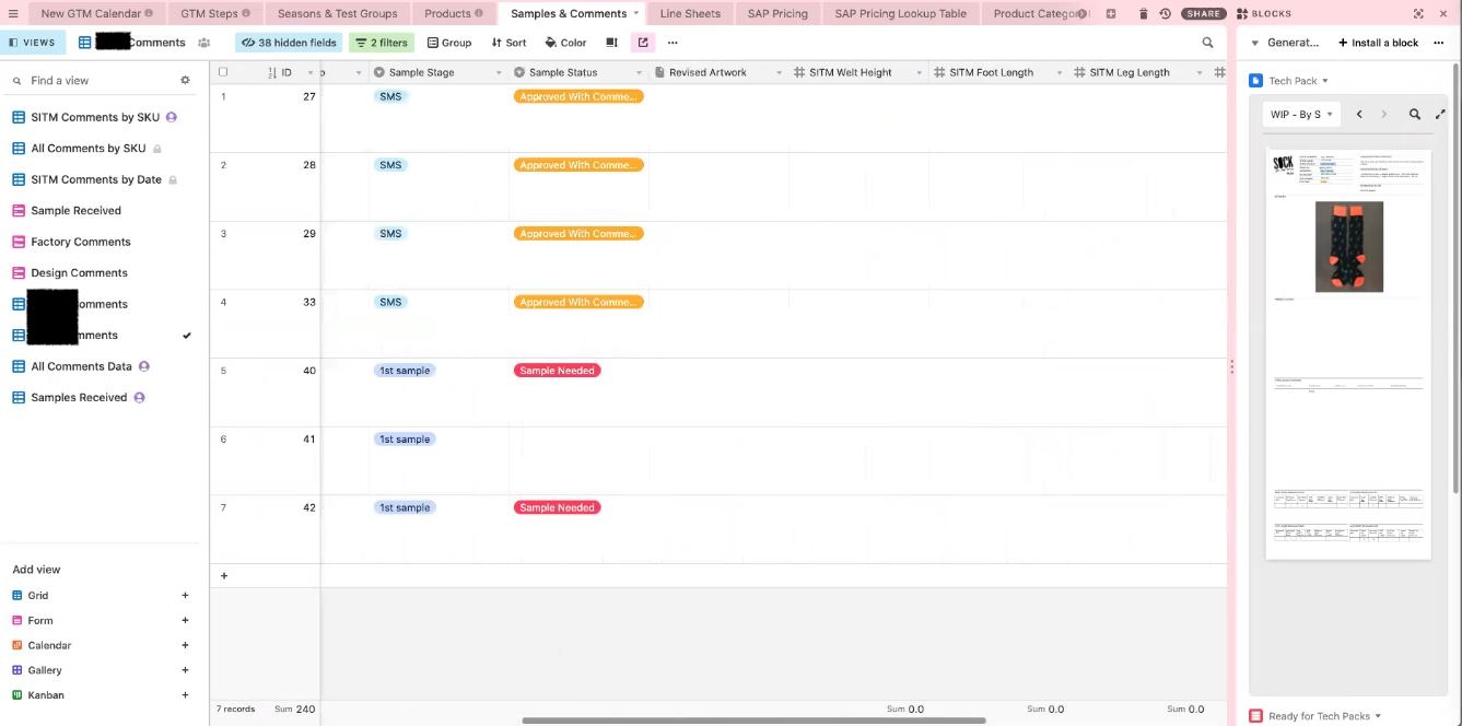 Airtable PLM Interface Design Team, Vendor Comment Collaboration View